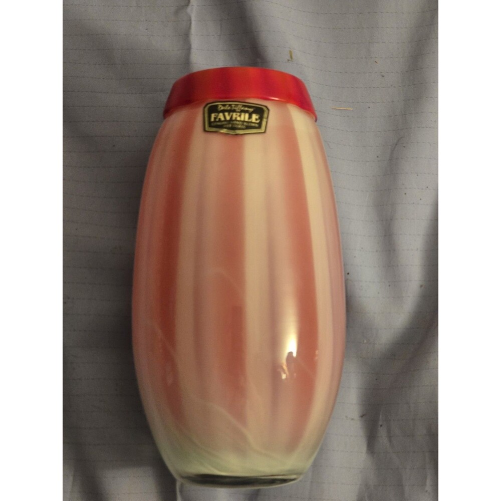 Dale Tiffany Art Glass Vase Favrile Pink & White Striped Hand Blown With Tag
